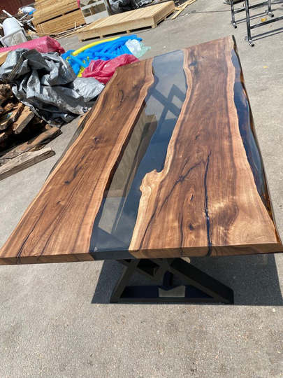 Walnut Dining Table, Epoxy Custom 84" X 42" Smoke Gray River Order For Jecson