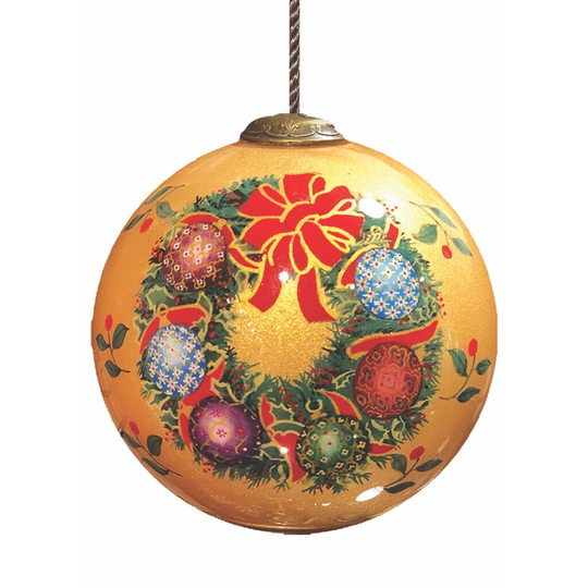 Holly and Wreath with Colorful Balls Hand Painted Mouth Blown Glass Ornament - 3" x 3" x 3"