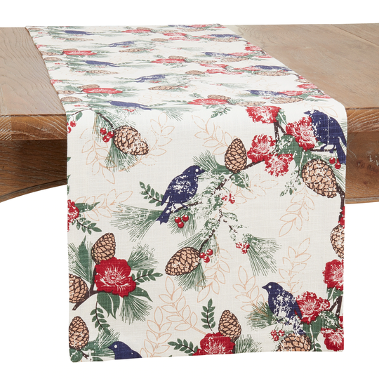 Table Runner With Pinecones and Birds Design