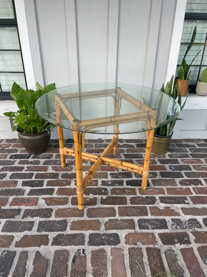 Vintage Bamboo Glass Top Dining Table, Rattan Tropical Coastal Glass Not Included, Base