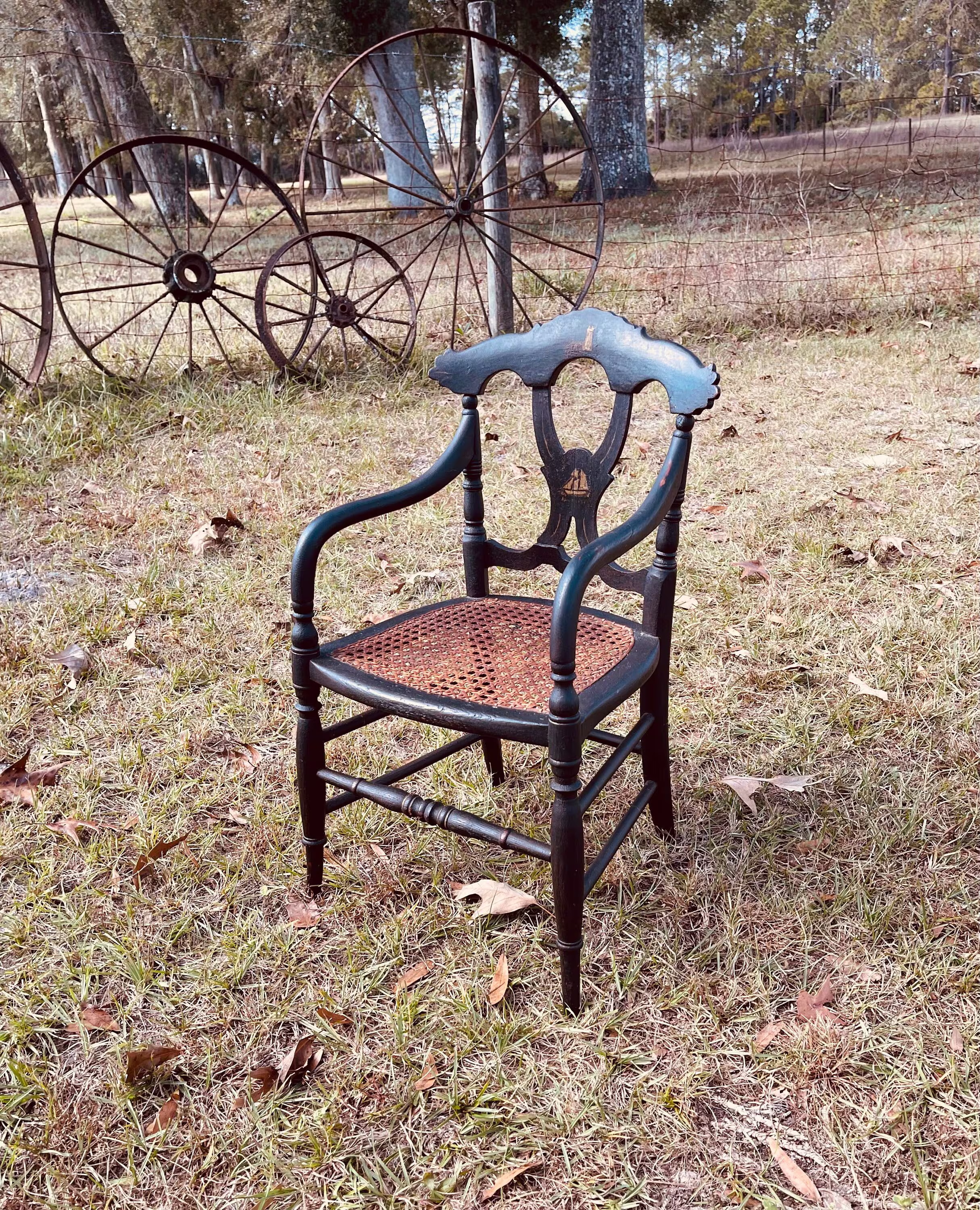 Vintage Childs Chair, Tole Wood Chair, Hitchcock Style Antique Black & Gold Rush Seat, Doll Small