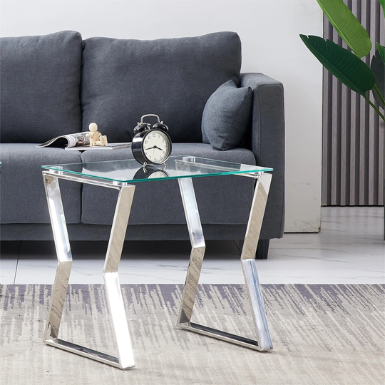 Stainless Steel End Table Silver Glass Table for Living Room