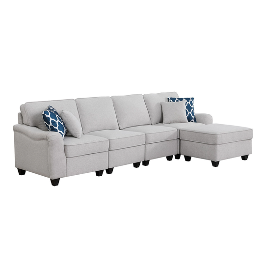 Lulu 119 Inch Sectional 5 Seater Sofa, Ottoman, 4 Pillows, Light Gray Linen