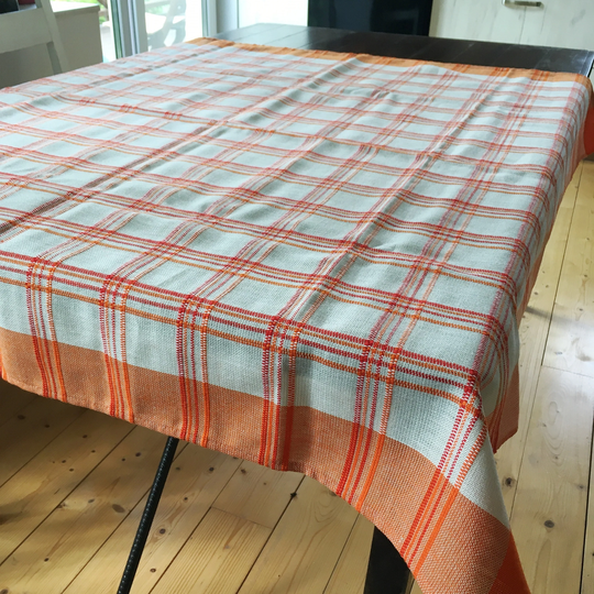 Table Linens, Orange Cloth, Plaid Dining Cover, Dinner Topper, Never Used Vintage Linen 43x63"