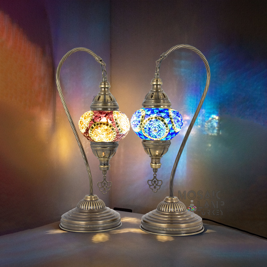 Set Of 2 Moroccan Swan Neck Table Lamp, Unique Mosaic Desk Bedside Stained Glass Globe Lamp