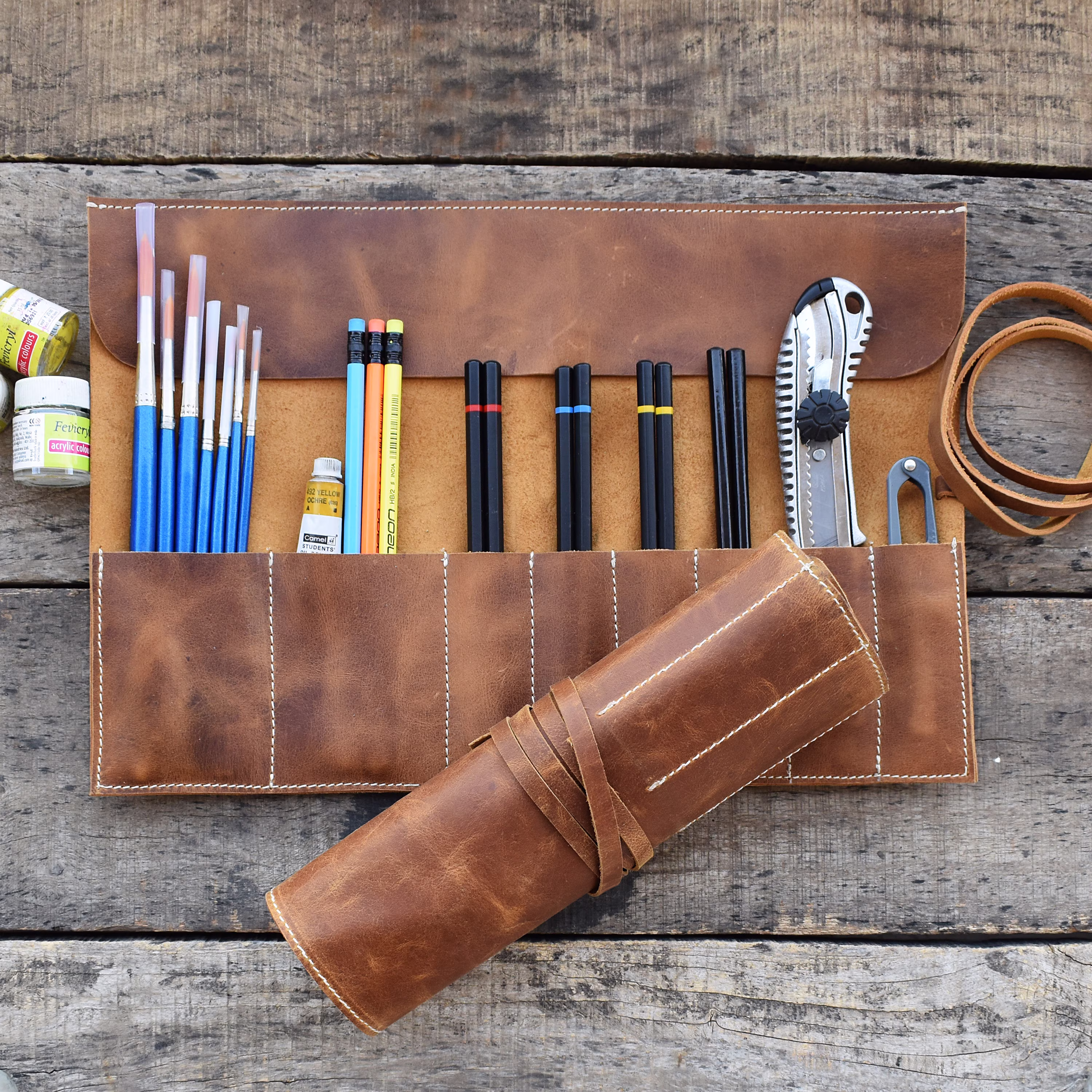Leather Roll, Artist Pencil Case, Tool Paint Brush Holder, Craft Pencil Wrap