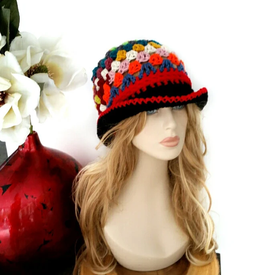 Crochet Brim Hat, Cowboy Multi Color Womens Winter Accessories, Bucket Hat