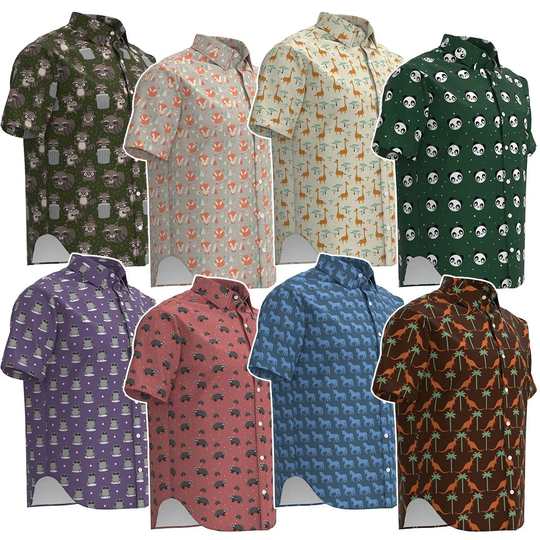 Cute Raccoon Fox Giraffe Panda Honey Badger Horse Kangaroo Animals Print Pattern Theme Short Sleeve Collar Button Shirt
