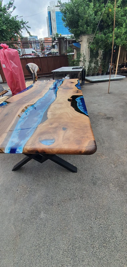 Handmade Epoxy Table, Live Edge Custom 108" X 42" Walnut Ocean & Royal Blue, Turquoise White Waves Order For Mary M1