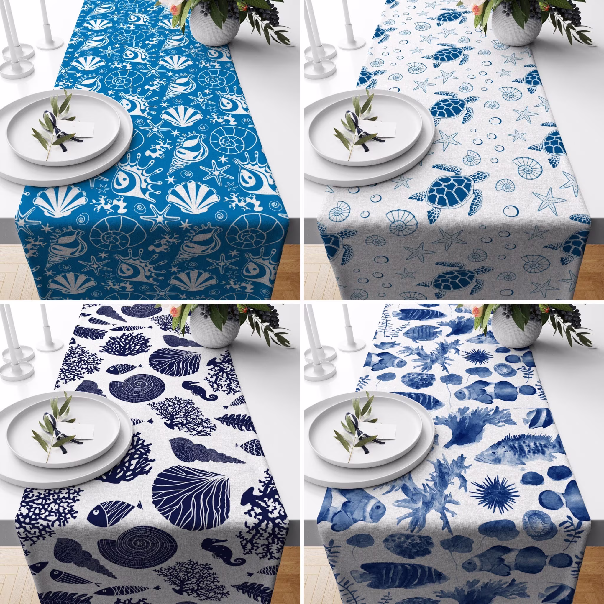 Coastal Table Runner, Blue Sea Life Kitchen Nautical Cover, Marine Tablecloth, Housewarming Gift, Dining Room Decor