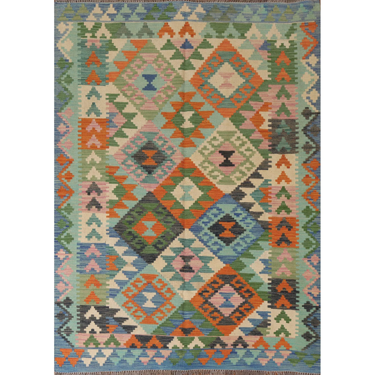 Colorful Kilim Area Rug Reversible Hand-woven Wool Carpet - 4'11" x 6'5"