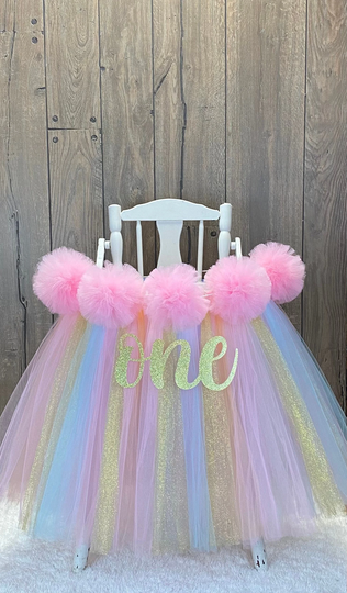 Pastel Rainbow High Chair Tutu, Highchair Banner For Girls First Birthday Smash Cake Party, Skirt With Pink Pom Poms