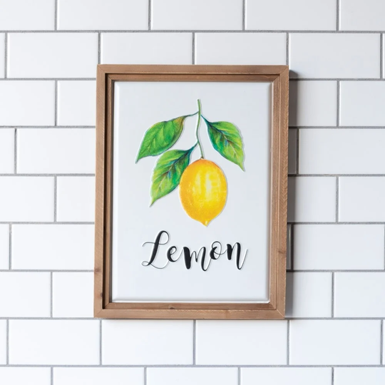 Lemon" Natural Wood Framed Sign - White/Colorful Print - 12.5 x 16.5 x 1.25