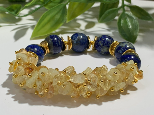 Lapis Lazuli & Citrine Bracelet, Natural Grade Aa+ Milky White/Yellow Brazilian Stones, Stretch Gemstone