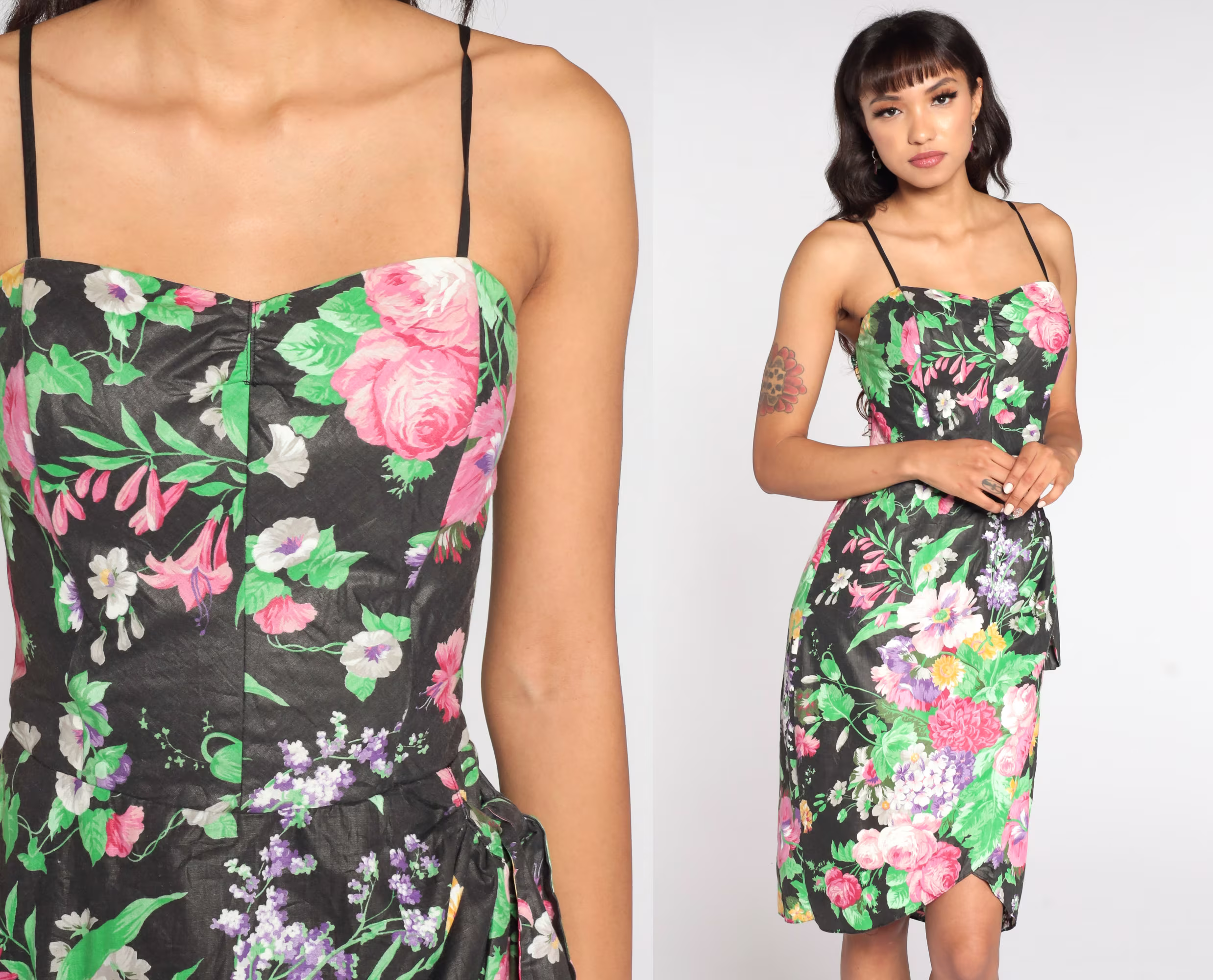 80S Floral Dress Sundress Sweetheart Neckline Pencil Black Party Sun Midi 1980S Bohemian Spaghetti Strap Vintage Summer Small Medium