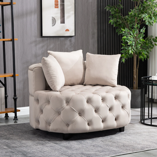 Velvet Upholstered Tufted Barrel Sofa Chair For Living Room With Toss Pillows