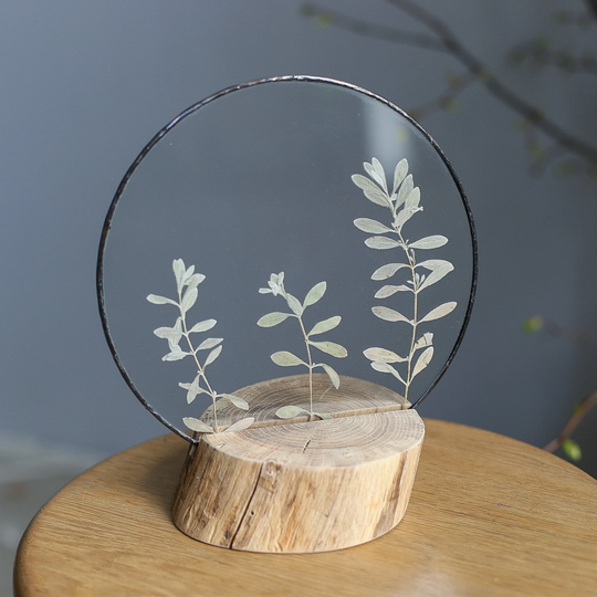 Botanical Wedding Art Table Centerpiece Decor. Round Floating Frame With Live Edge Wooden Stand. Stained Glass Framed Plants in Gift