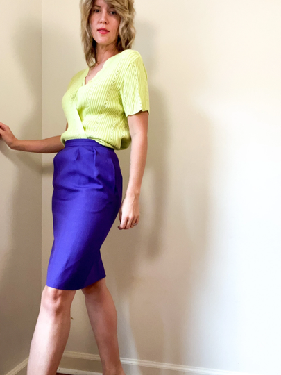 Vintage Purple Pleated Pencil Skirt/Bright High Waisted Knee Length Size 2 Petite