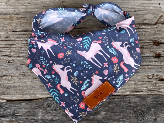 Dog Bandanas, Pink Blue Unicorns Bandana Traditional Tie Personalized Leather Name Tag Over Collar, Pet Accessories