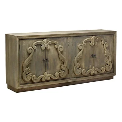 80' Dark Wood Hand Carved 4 Doors Credenza With Black Powder-Coated Ring