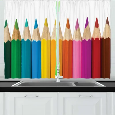 2 Piece School Creativity Children Colorful Pencils for Painting Macro Photography Print Kitchen Curtains Set