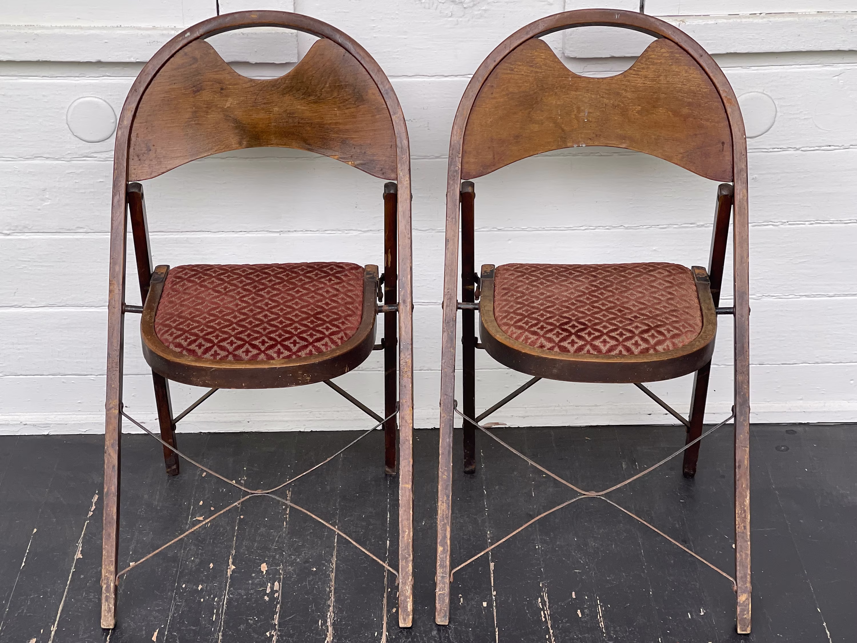 2 Antique Wood Folding Chairs ~ Solid Kumfort By Louis Rastetter & Sons~ Matching Pair in Original Finish Bentwood 1920-40S