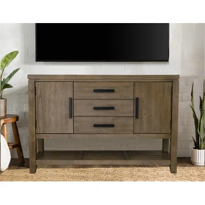 Gracie Oaks Saunders Sideboard Buffet Server TV Home Entertainment Center | Storage Cabinet Drawers Open Shelf USB Power Strip | Brown Acacia Wood | A