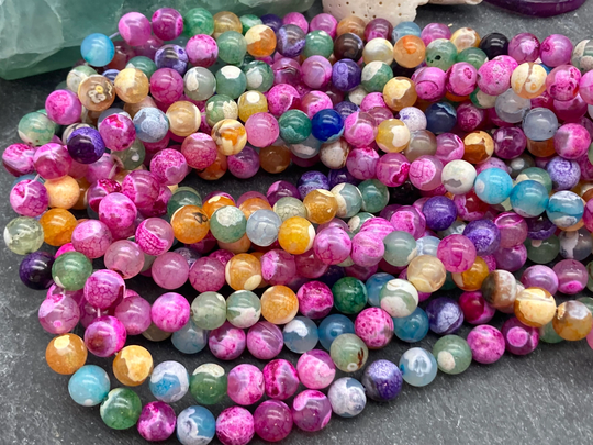 8mm Multi Color Fire Agate Beads, Full Or Half Strand, Round, Rainbow, Colorful Pink Agate