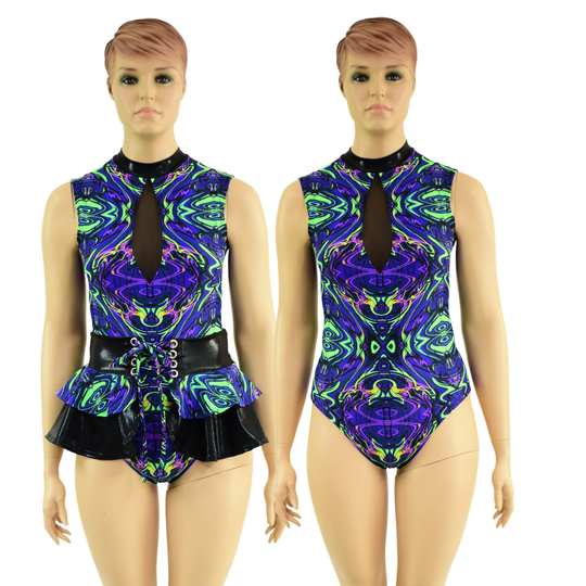 2Pc Neon Melt Sleeveless Romper With Double Ruffle Lace Up Front Mini Skirt Emk157874