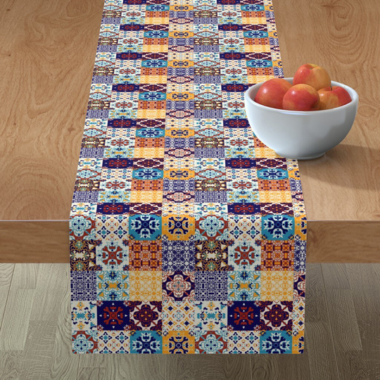 Moroccan Tiles Table Runner - Colorful Spanish By Designdn Blue Red Orange Colourful Cotton Sateen Spoonflower