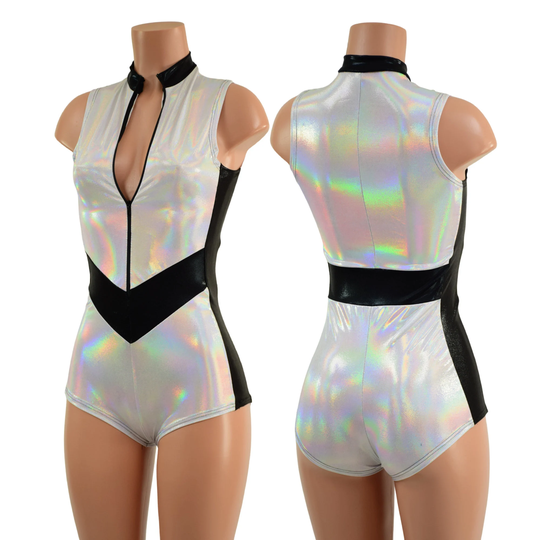 Flashbulb Romper With Stella Neckline, V Front Waist, Side Panels, & Boy Cut Leg. Trim Collar in Black Mystique 157883