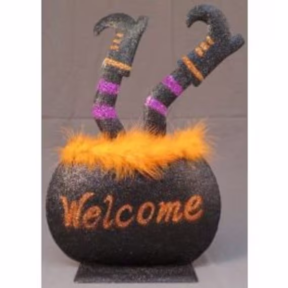 Halloween Cauldron Table Top Decoration, 9.75 X 3.25 15.75 " Metal Welcome Pot With Witch Legs, | Can Be Used in Wreath As Shown
