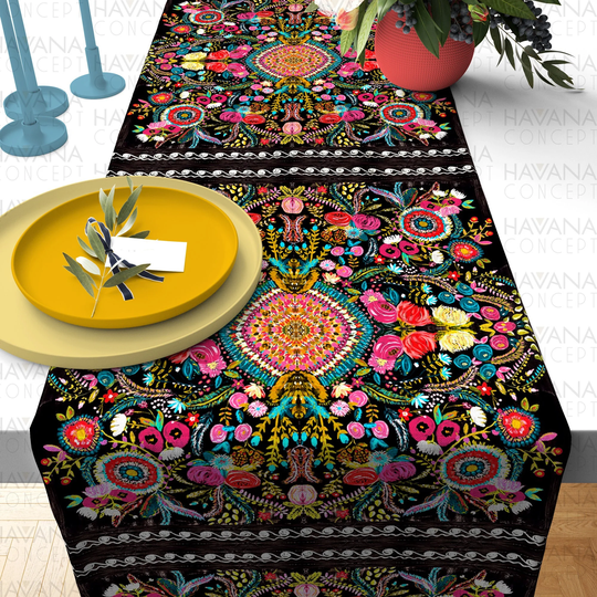 Uzbek Suzani Print Table Runner - Bohemian Linen With Motifs, Boho Dining Runner, Ethnic Wedding Long