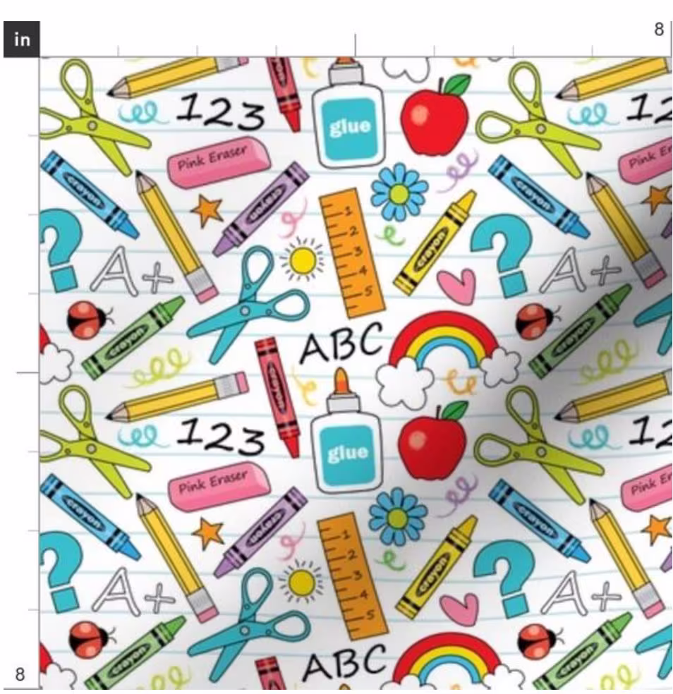 Small School Supplies On White Fabric By The Yard | Hand Drawn School Supplies Abcs 123 Apple Kids Kindergarten Made To Order
