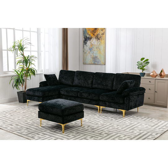 4-Person Sectional Sofa Polyester Padded Seat Living Room Chaise Accent Sofa & Pillow Top Arms with Metal Legs and Ottoman