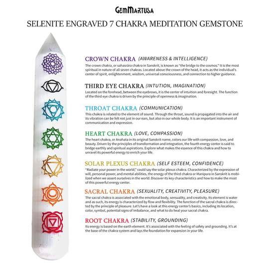 White Selenite Pencil Shape 125x22mm Engraved 7 Chakra Of Life Symbols Healing Meditation Gemstones, Gemmartusa, Ni-14195