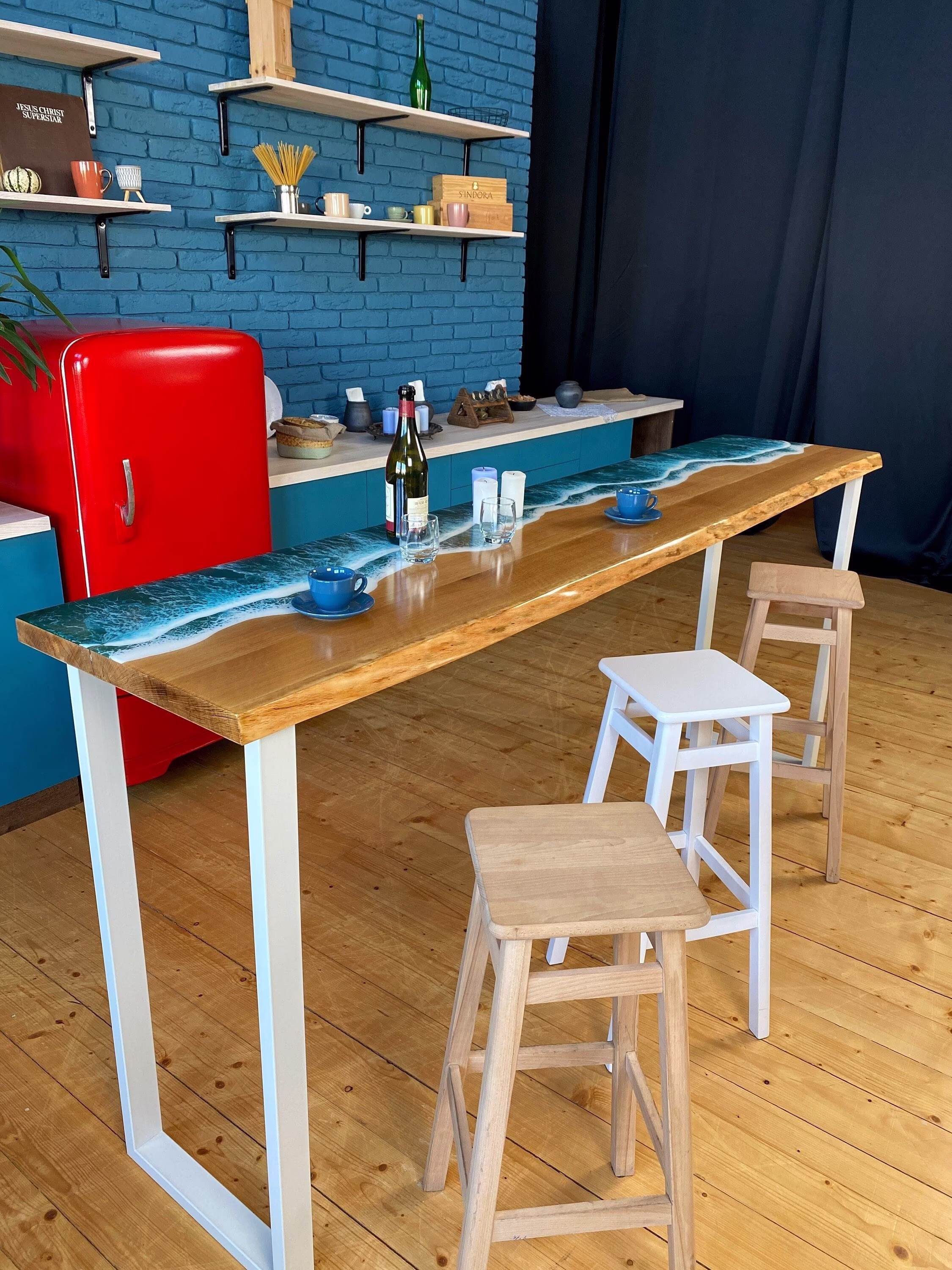 Bar Table, High Epoxy Resin Ocean Entryway Waves Art, Long Buffet Bar, Coffee Office Meeting Pub Top