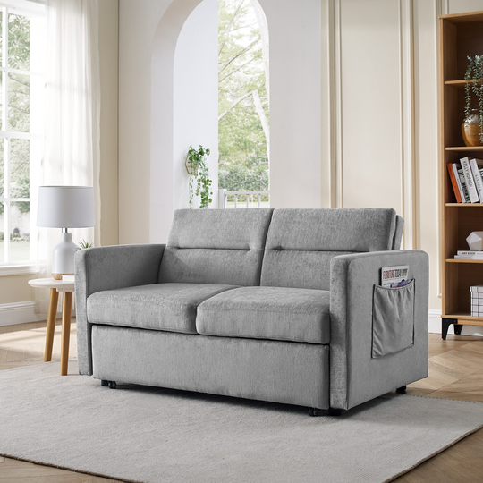 54.5" Chenille Loveseat Sofa with Adjustable Back, Pull-Out Bed and Side Pocket