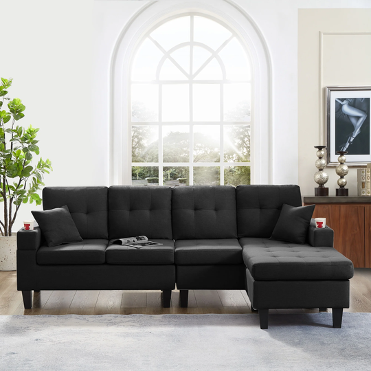 Convertible Linen Sectioanl Sofa With Ottoman,Reversible L-Shapped Sofa With Cup Holders