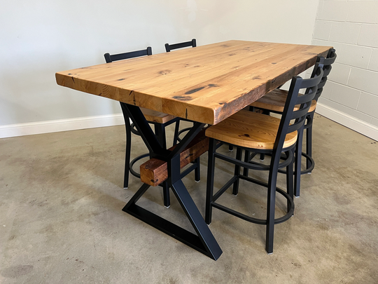 Counter Height Table Metal X Base With Wooden Crossbeam Dining Handcrafted Reclaimed Wooden Top With 4X4 Cross Beam