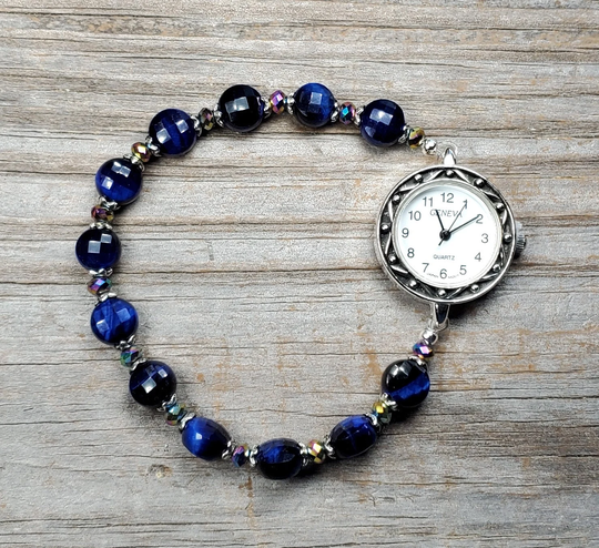 Cobalt Blue Tiger Eye Micro-Faceted Beaded Watch, Very Durable Stretchy Band, Multiple Sizes Available
