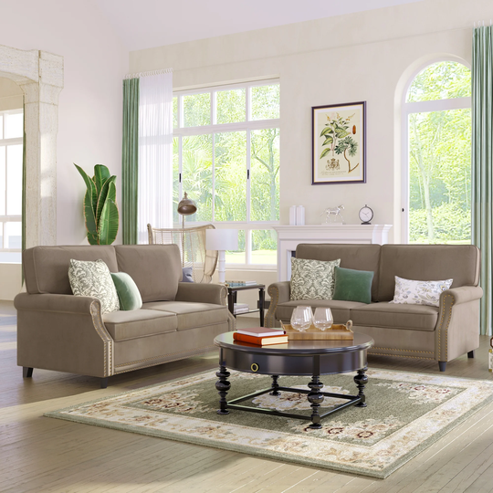 Modern Living Room Sofa Set Upholstered 2 Seater Sofa Couch with Deep Seat, Velvet Rolled Arm Loveseat
