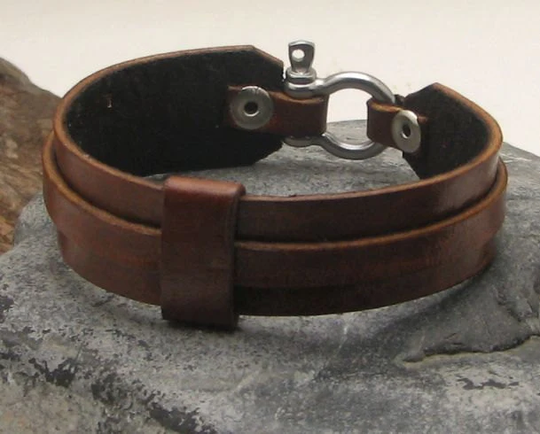 Valentines Day Gift For Boyfriend. Brown Leather Men's Cuff Bracelet With Silver Plated Omega Clasp. Bracelet Gift Men