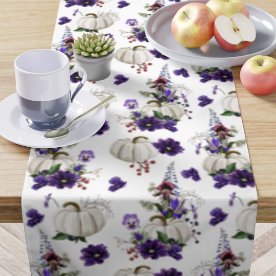 Table Runner in White Pumpkin Purple Floral Bouquet Thanksgiving Decor For Entertaining, Housewarming & Tabletop 16"x 90" In