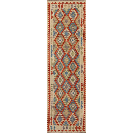 Geometric Kilim Runner Rug Flat-weave Multi-Color Wool Carpet - 2'9" x 9'11"