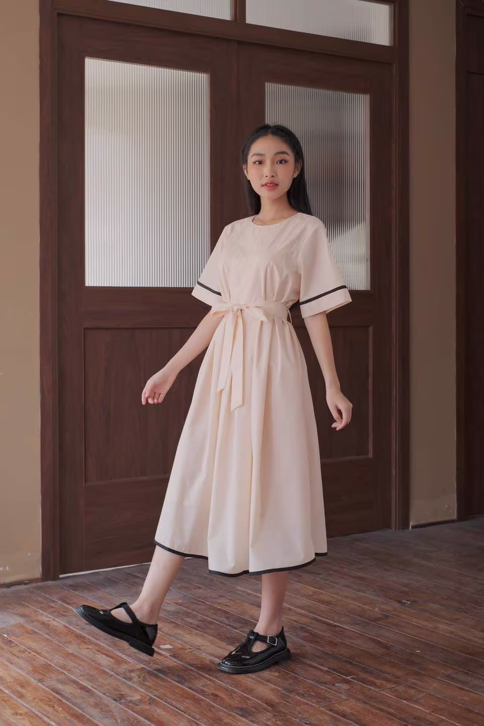 Contrast Color Cotton Poplin Dress - Maxi A-Line