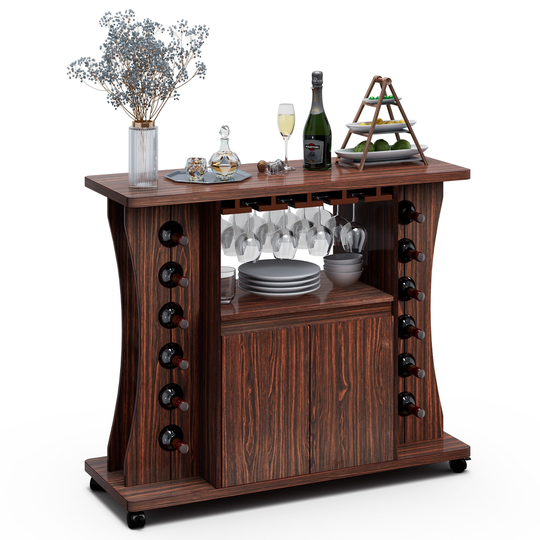 Wood Buffet Server Rolling Sideboard Console Table w Wine Bottle Rack