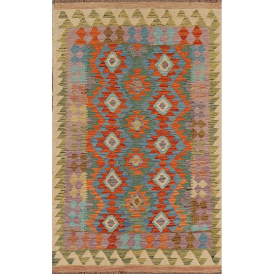 Multi-Color Kilim Area Rug Hand-woven Wool Carpet - 3'10" x 6'0"