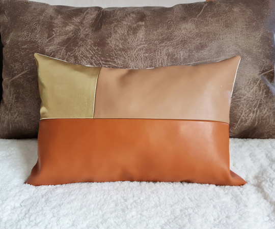 Tan Color/Cinnamon Color Biogen Faux Leather & Gold Block Design Lumbar Pillow Cover/Modern Scandinavian Homes-1Qty