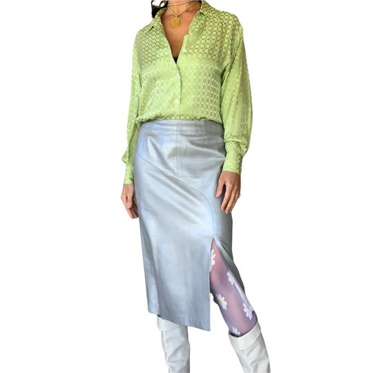 90S Emanuel Ungaro Buttery Silver Leather Pencil Skirt | Size Small, Medium